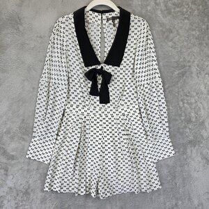 Maje Romper Womens 36 Small Black White Naudis Bow Print Long Sleeve Tie Neck